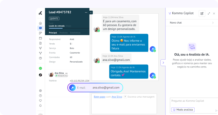 Kommo Copilot analisando lead e sugerindo próximos passos dentro do CRM