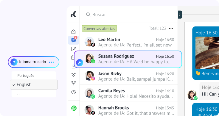Inbox unificado do Kommo mostrando conversas de WhatsApp com respostas de IA